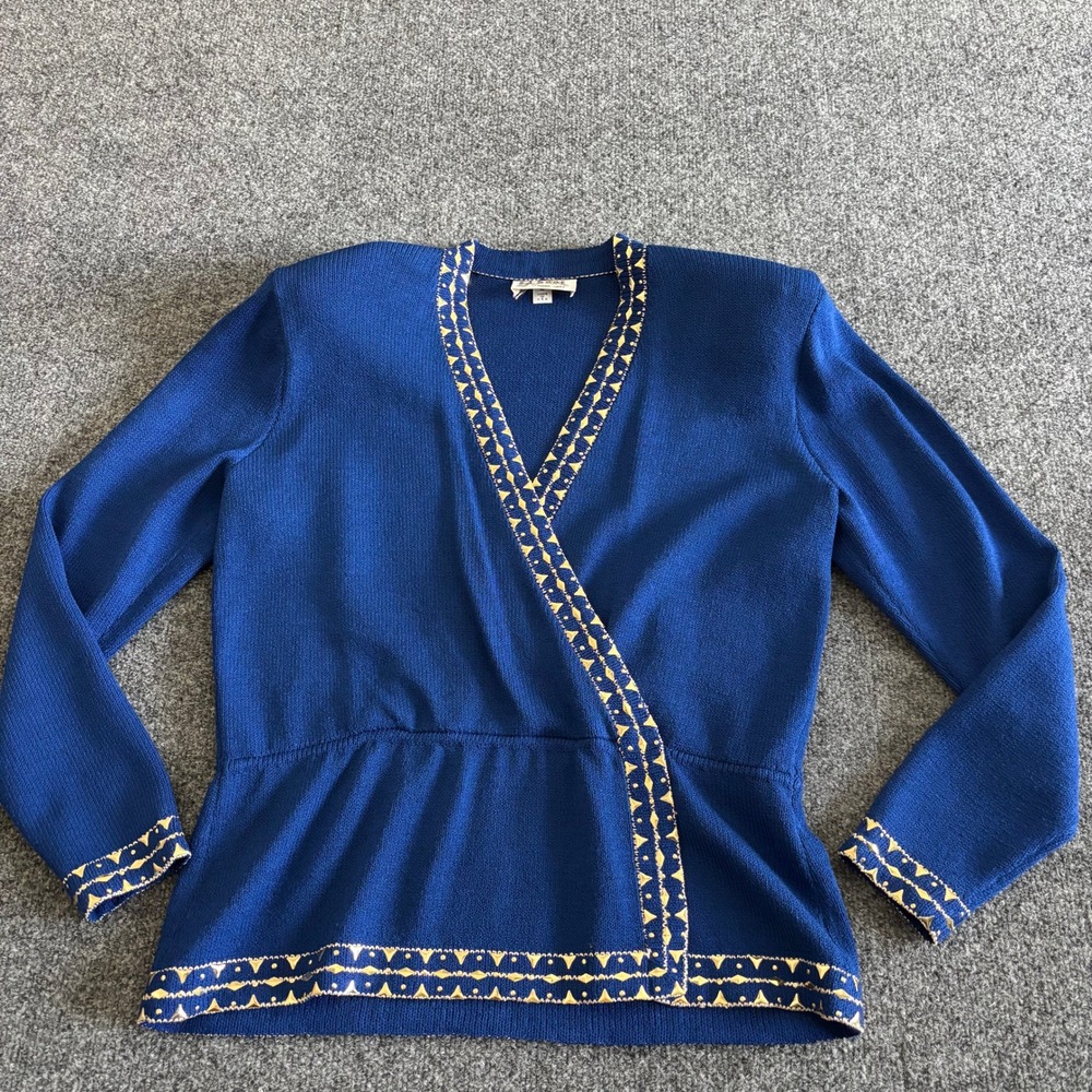 St John by Marie Gray Vintage Royal Blue Gold Trim Knit Wrap Peplum Top Size 10